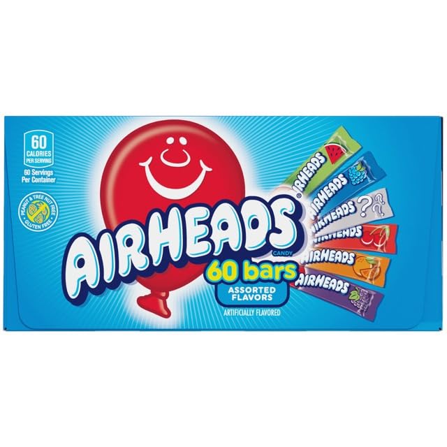 Airheads Candy Bars, Variety Bulk Box, Chewy Full Size Fruit Taffy, Halloween, Non Melting, Party, 60 Count (Packaging May Vary), Original Version, 33 Ounce