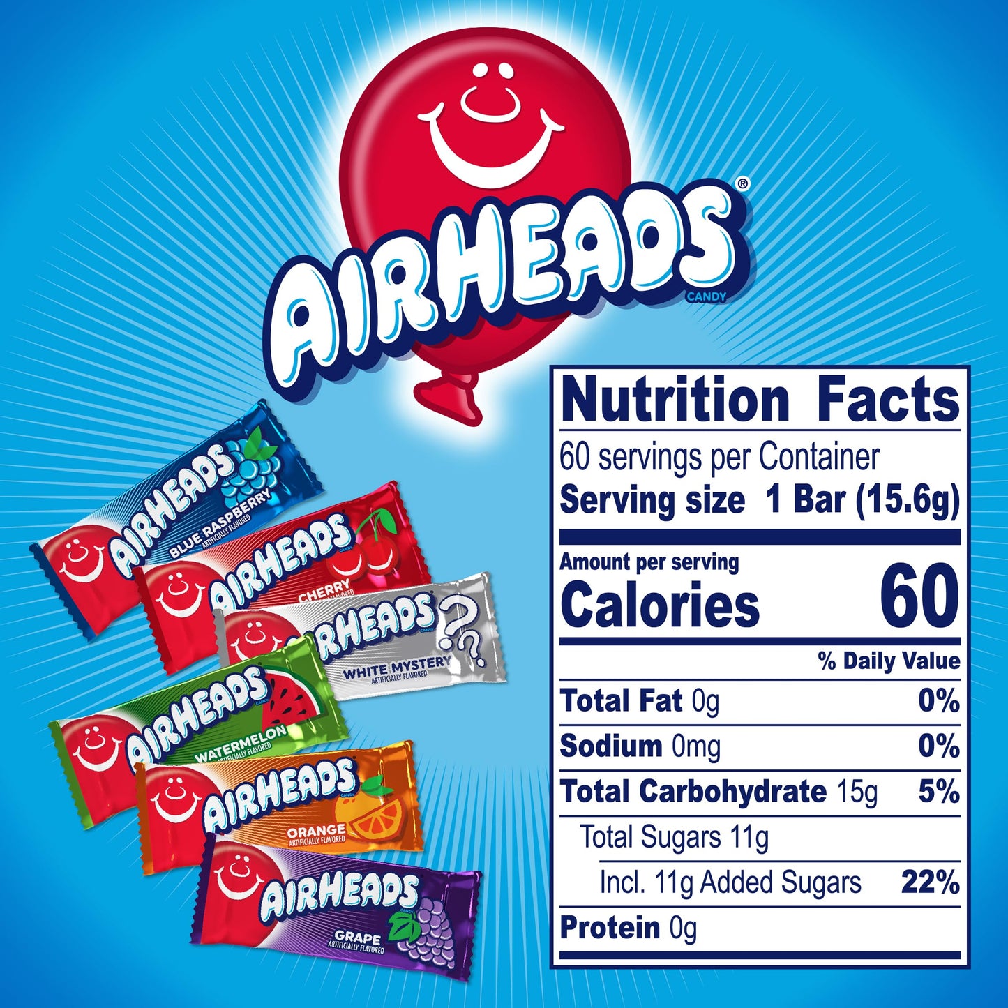 Airheads Candy Bars, Variety Bulk Box, Chewy Full Size Fruit Taffy, Halloween, Non Melting, Party, 60 Count (Packaging May Vary), Original Version, 33 Ounce