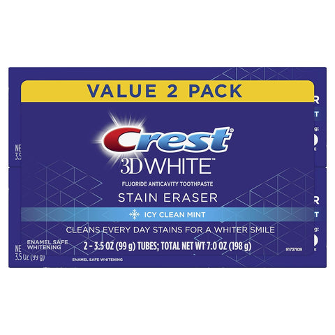3D White Stain Eraser Whitening Toothpaste, Icy Clean Mint, 2 Count