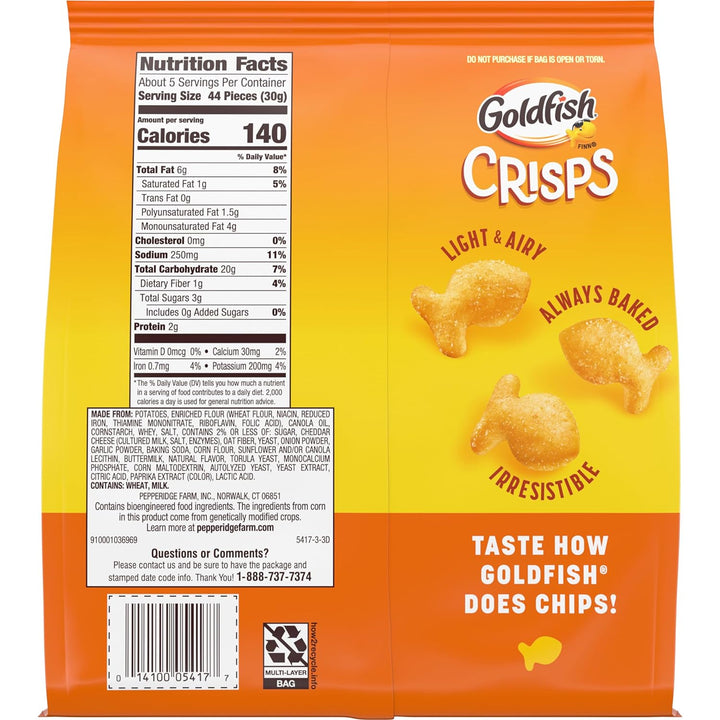 Goldfish Crisps Cheddar Cheese Baked Chip Cracker Snack, 6.25 Oz Bag