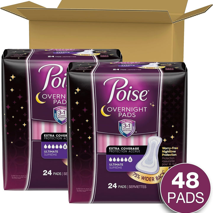Overnight Incontinence Pads for Women, Ultimate Absorbency, 24 Count (Pack of 2) (Packaging May Vary)