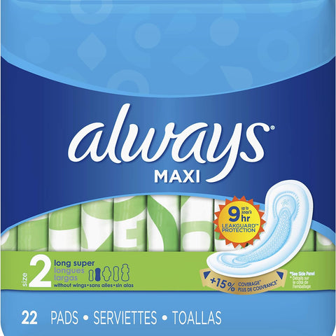 Maxi Feminine Pads without Wings, Long/Super, Unscented, 22 Count