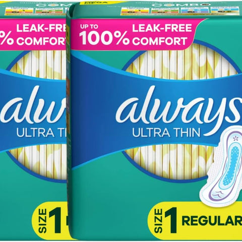 Ultra Thin, Feminine Pads for Women, Size 1, Regular, with Wings, 48 Count (Pack of 2)
