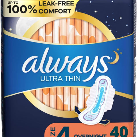 Ultra Thin, Feminine Pads for Women, Size 4, Overnight, with Wings, 40 Count (Pack of 1)
